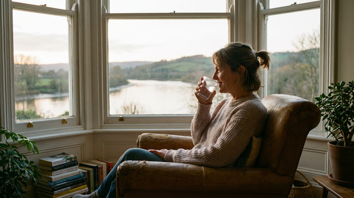 Frau trinkt entspannt ein Glas Wasser und blickt dabei ruhig aus dem Fenster