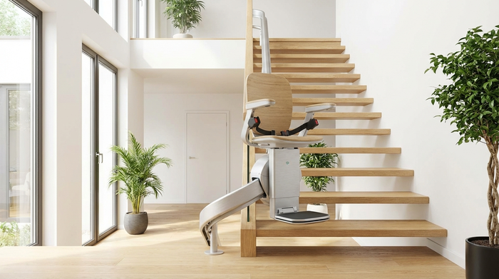 Sicherer, moderner Treppenlift an einer hellen Holztreppe