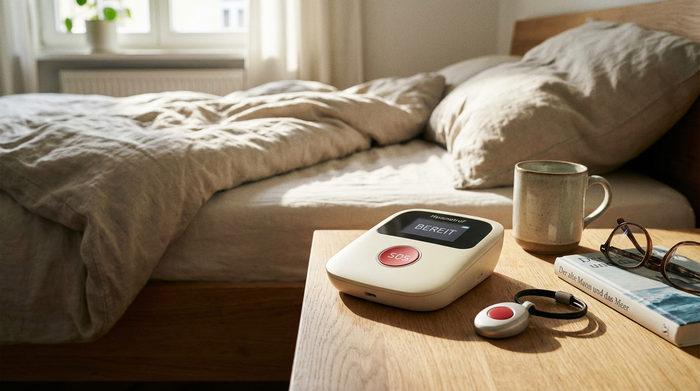Kompaktes Hausnotruf-Gerät auf einem Nachttisch neben einem Bett