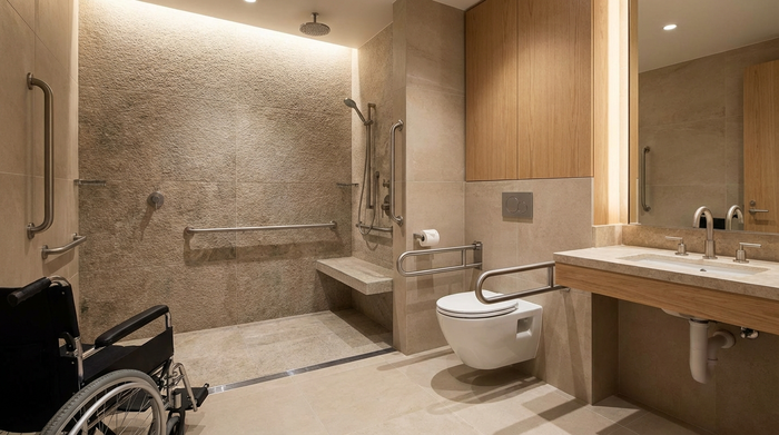 Modernes, barrierefreies Badezimmer mit bodengleicher Dusche und Haltegriffen