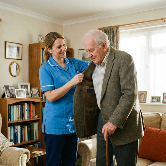 Freundliche professionelle Pflegerin hilft einem Senior beim Anziehen der Jacke