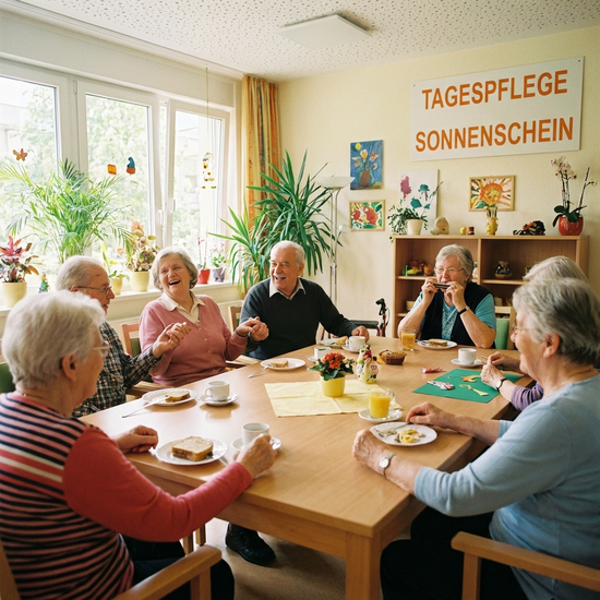 Senioren sitzen fröhlich zusammen an einem Tisch in einer Tagespflege-Einrichtung