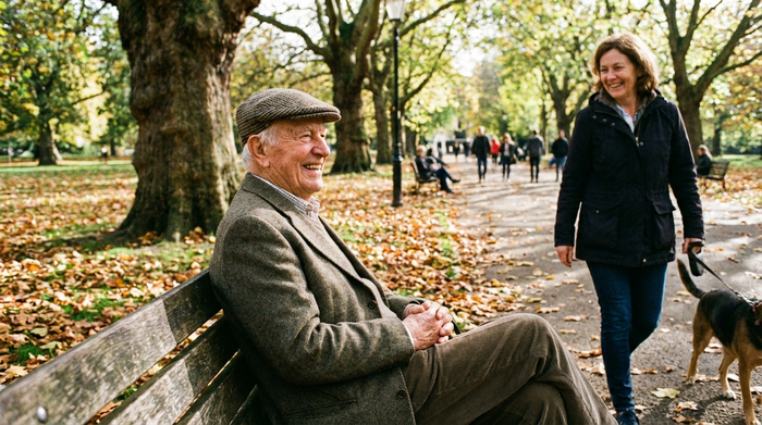 Älterer Herr sitzt entspannt auf einer Parkbank und lächelt einem vorbeigehenden Spaziergänger zu