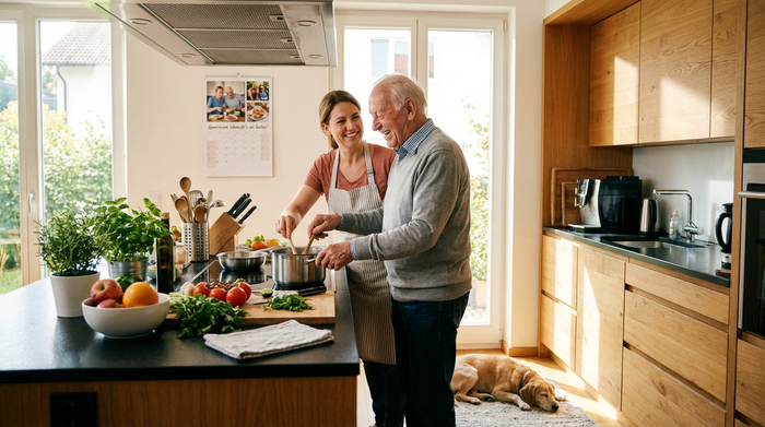 Freundliche Pflegerin und Senior beim gemeinsamen Kochen in einer hellen Küche