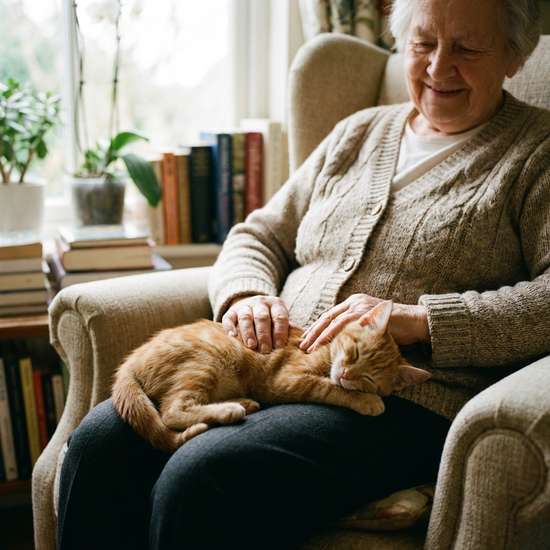 Kleine Katze schläft friedlich auf dem Schoß einer Seniorin