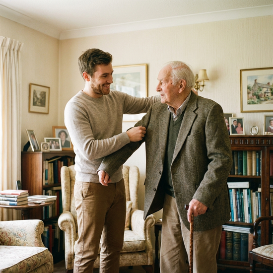 Junger Mann hilft älterem Herrn liebevoll beim Anziehen der Jacke