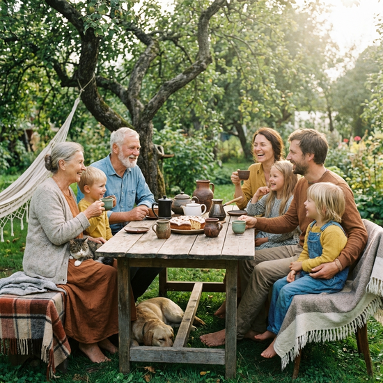 Familie sitzt gemütlich beim Kaffeetrinken im Garten zusammen