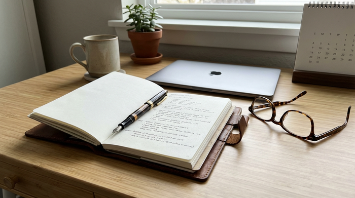 Notizbuch mit Stift und einer Brille auf einem aufgeräumten Schreibtisch