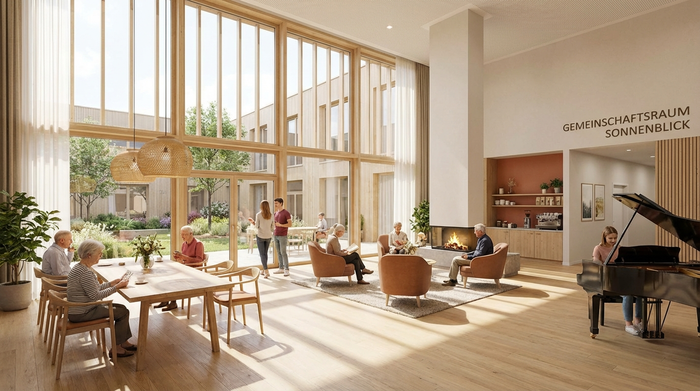 Hell erleuchteter Gemeinschaftsraum in einer modernen Seniorenwohnanlage
