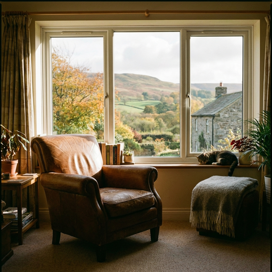 Leerer Sessel am Fenster mit Blick nach draußen
