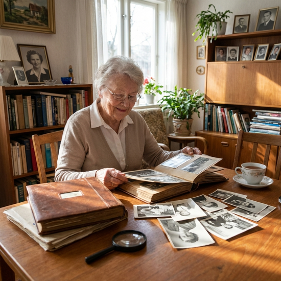 Seniorin betrachtet alte Fotoalben am Wohnzimmertisch