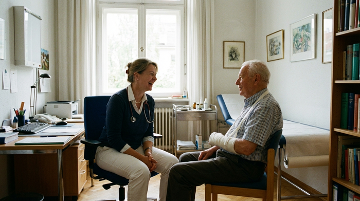 Ärztin im Gespräch mit einem älteren Patienten im Behandlungszimmer