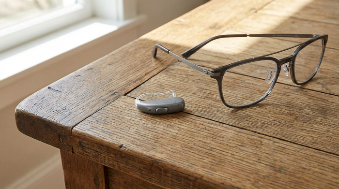 Modernes, unauffälliges Hörgerät liegt auf einem Holztisch neben einer Brille
