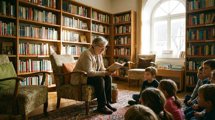 Ältere Dame liest Kindern in einer Bibliothek vor