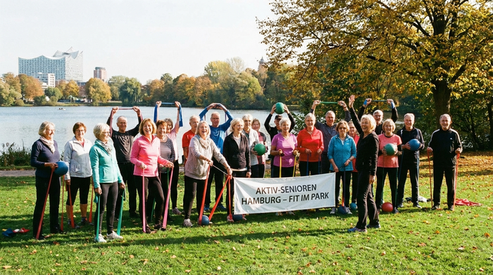 Aktive Seniorengruppe bei gemeinsamer Gymnastik im Freien