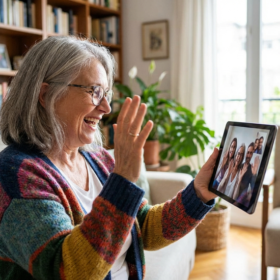 Seniorin hält ein Tablet und winkt freudig beim Videoanruf