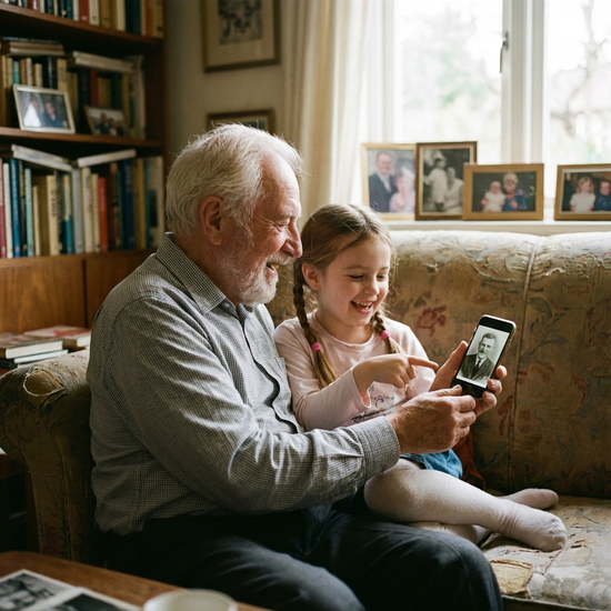 Großvater und Enkelin betrachten gemeinsam Fotos auf einem Smartphone