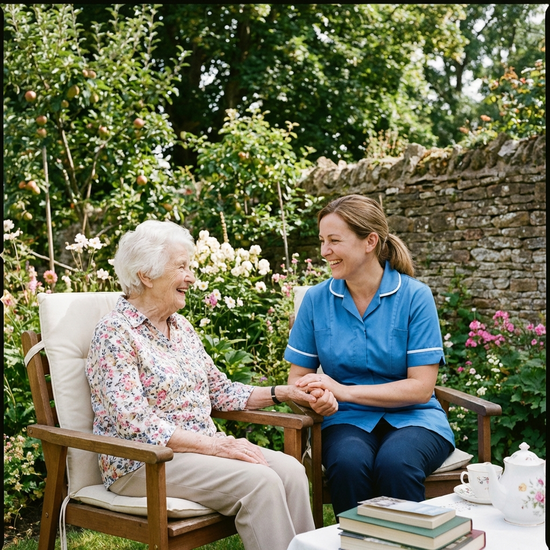 Pflegerin und Seniorin sitzen entspannt im Garten