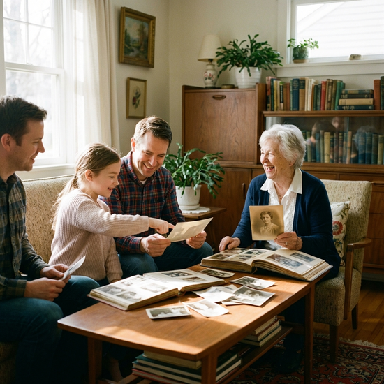 Angehörige und Seniorin betrachten gemeinsam alte Fotos