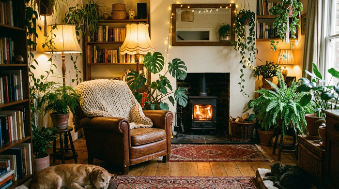 Gemütlich eingerichtetes Zimmer mit Sessel, Pflanzen und warmem Licht