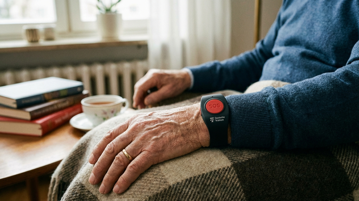Hausnotruf-Armband am Handgelenk eines Seniors