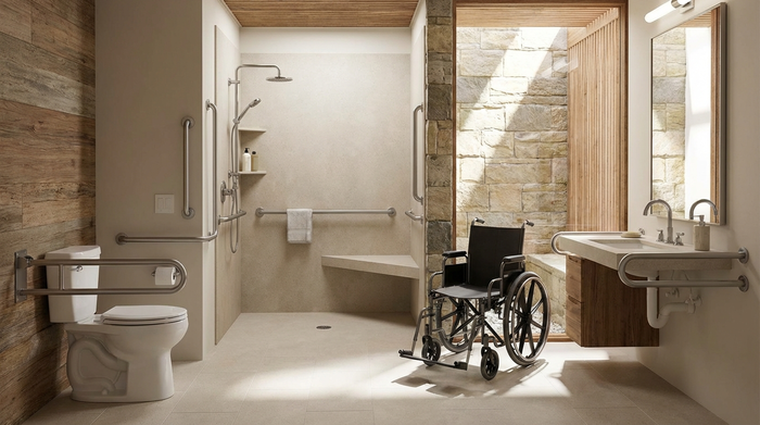 Barrierefreies Badezimmer mit ebenerdiger Dusche und Haltegriffen