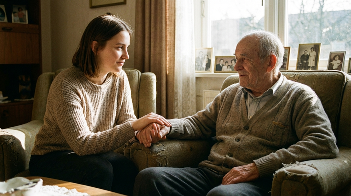 Junge Frau hält tröstend die Hand eines älteren Herrn