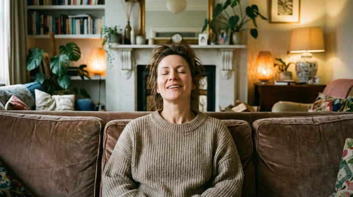 Erschöpfte aber lächelnde Frau sitzt mit geschlossenen Augen auf einem Sofa und atmet tief durch, im Hintergrund ein gemütliches Wohnzimmer