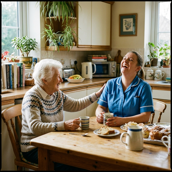 Pflegerin und Seniorin lachen gemeinsam bei einer Tasse Kaffee am Küchentisch