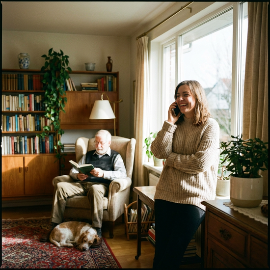 Angehörige telefoniert entspannt am Fenster, während der Senior im Hintergrund ein Buch liest