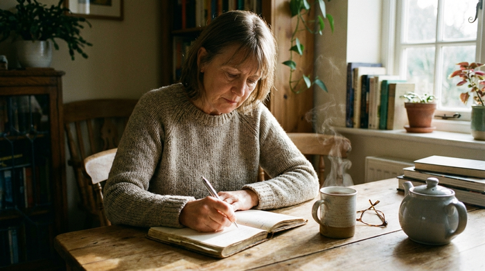 Angehörige schreibt nachdenklich in ein Notizbuch, neben ihr steht eine warme Tasse Tee auf dem Holztisch