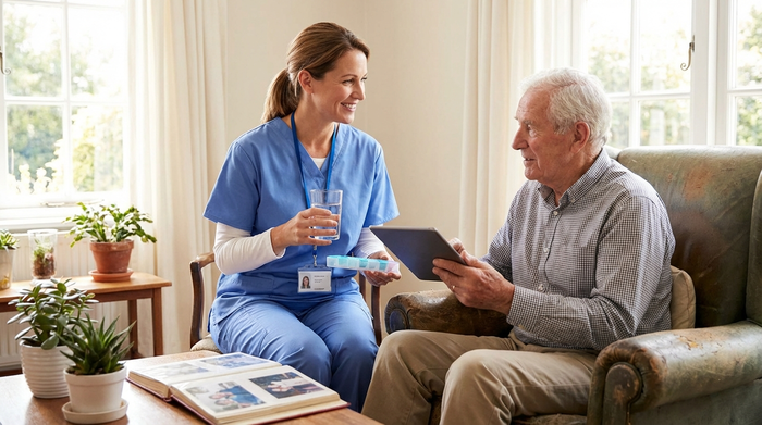 Professionelle Pflegekraft unterstützt Senior bei der Medikamenteneinnahme