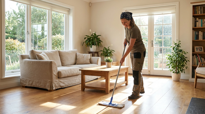 Putzhilfe reinigt den Boden in einem hellen Wohnzimmer