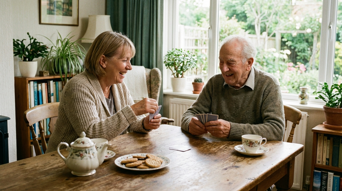 Seniorenbetreuerin spielt Karten mit einem älteren Herrn