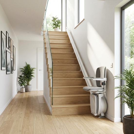 Moderner Treppenlift an einer geraden Holztreppe in einem hellen Flur