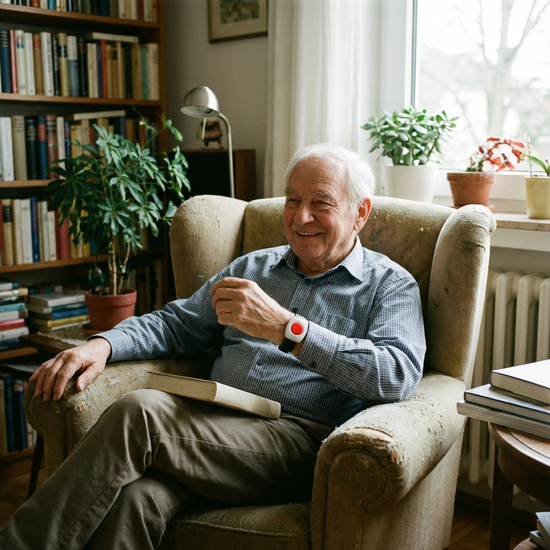 Hausnotruf-Armband am Handgelenk eines Seniors, der entspannt im Sessel sitzt