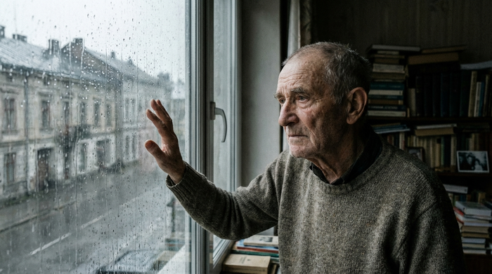 Älterer Herr blickt nachdenklich und einsam aus einem Fenster in den Regen
