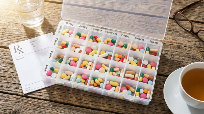 Sortierte Medikamentenbox für eine Woche auf dem Tisch