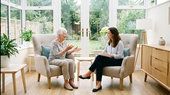 Seniorin im Gespräch mit einer Therapeutin in heller Umgebung