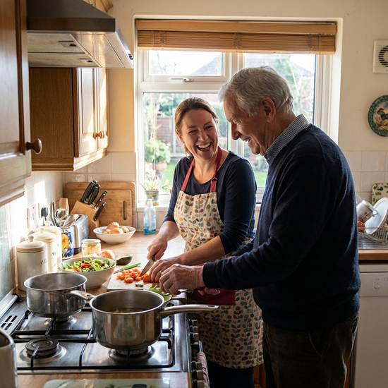 Pflegerin und Senior bereiten gemeinsam das Mittagessen in der Küche vor