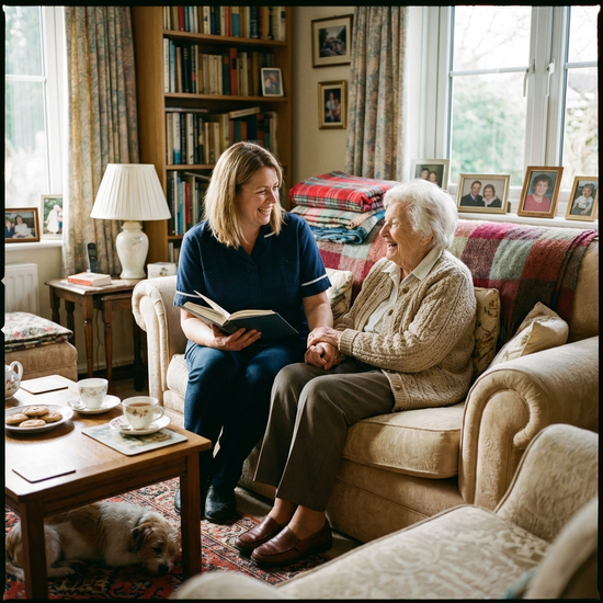 Pflegerin leistet einer Seniorin im gemütlichen Wohnzimmer Gesellschaft
