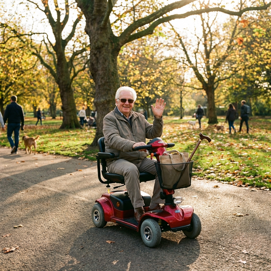 Senior fährt entspannt mit einem Elektromobil durch den Park