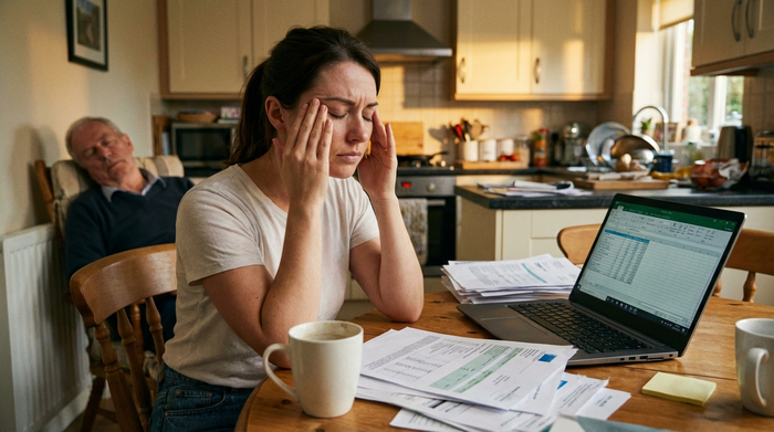 Erschöpfte Tochter reibt sich die Schläfen, während sie am Küchentisch sitzt