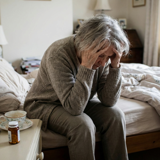 Seniorin sitzt erschöpft und kraftlos auf der Bettkante