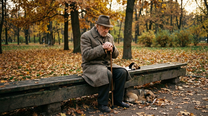 Einsamer Senior sitzt auf einer Parkbank im herbstlichen Park