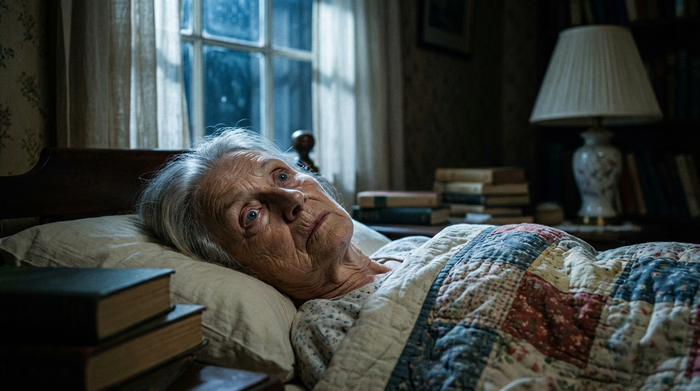 Seniorin liegt nachts mit offenen Augen wach im Bett