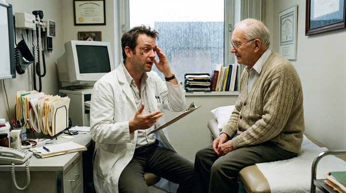 Gestresster Arzt im Gespräch mit einem älteren Patienten im Behandlungszimmer