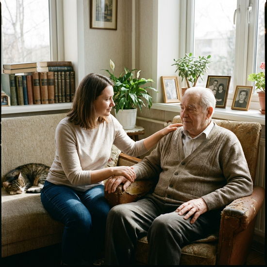 Tochter hält tröstend die Hand ihres Vaters im Wohnzimmer