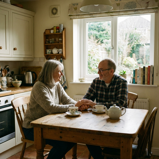 Zwei Menschen im ruhigen, vertrauensvollen Gespräch am Küchentisch