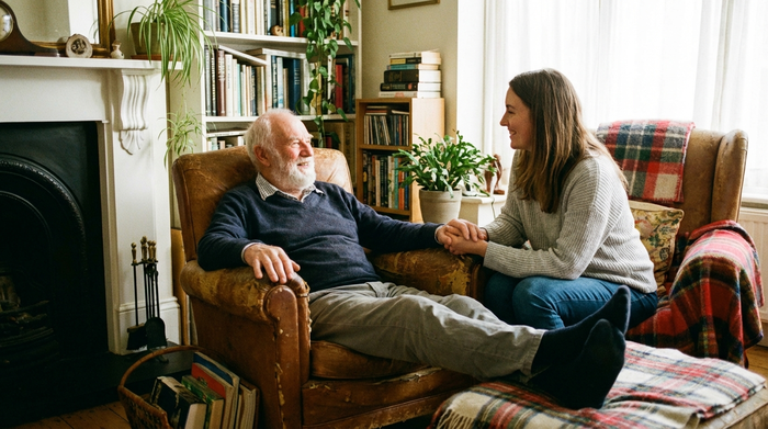 Älterer Herr sitzt entspannt in einem Sessel, während seine Tochter liebevoll seine Hand hält. Beide lächeln sich in einem gemütlichen Wohnzimmer warm an.